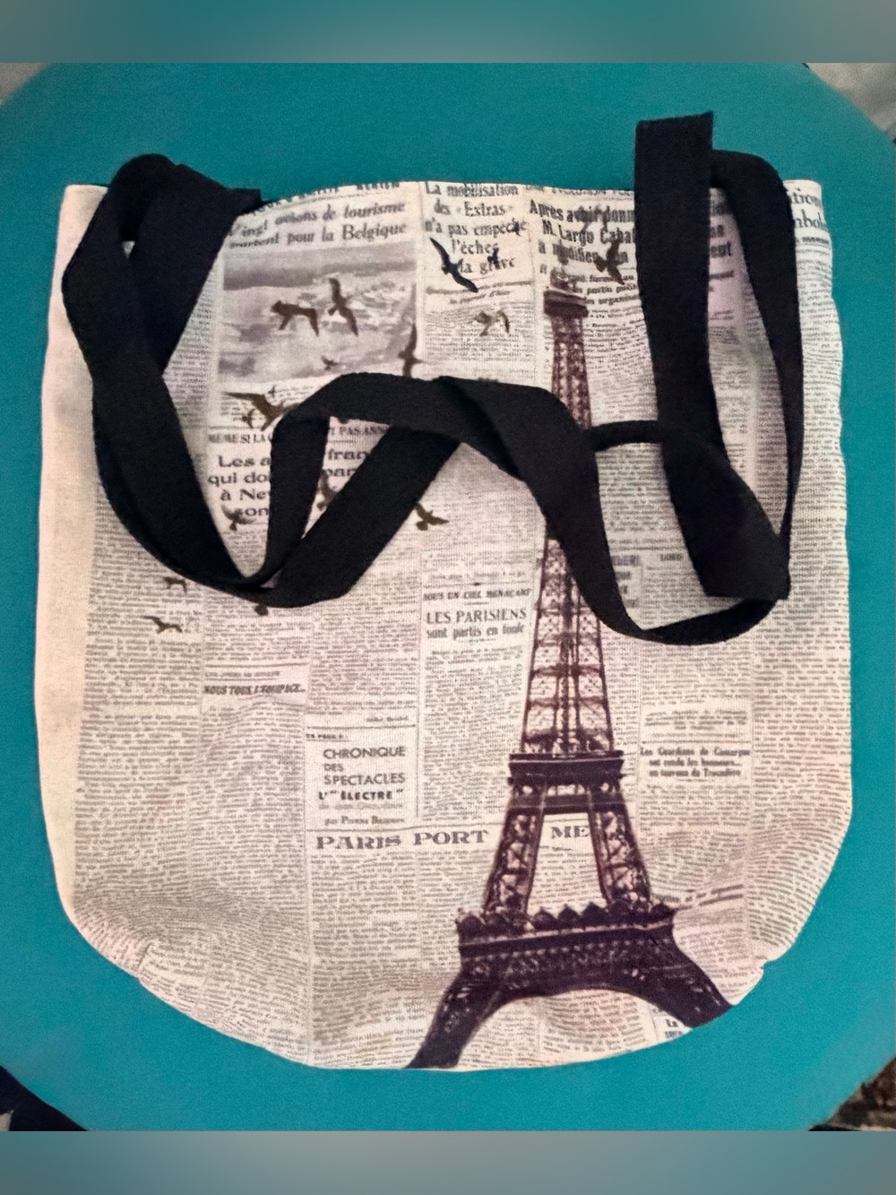 Eiffel Tower Newspaper Print Tote - Black Straps. THIS LISTING FOR TOTE ONLY.